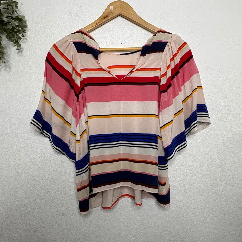 Kate Spade New York 100% Silk Striped Flutter Sleeve Square Neck Blouse Pink